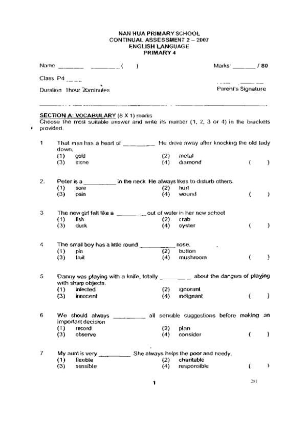 Nan Hua P4 Eng WA3 2007 exam paper PDF preview