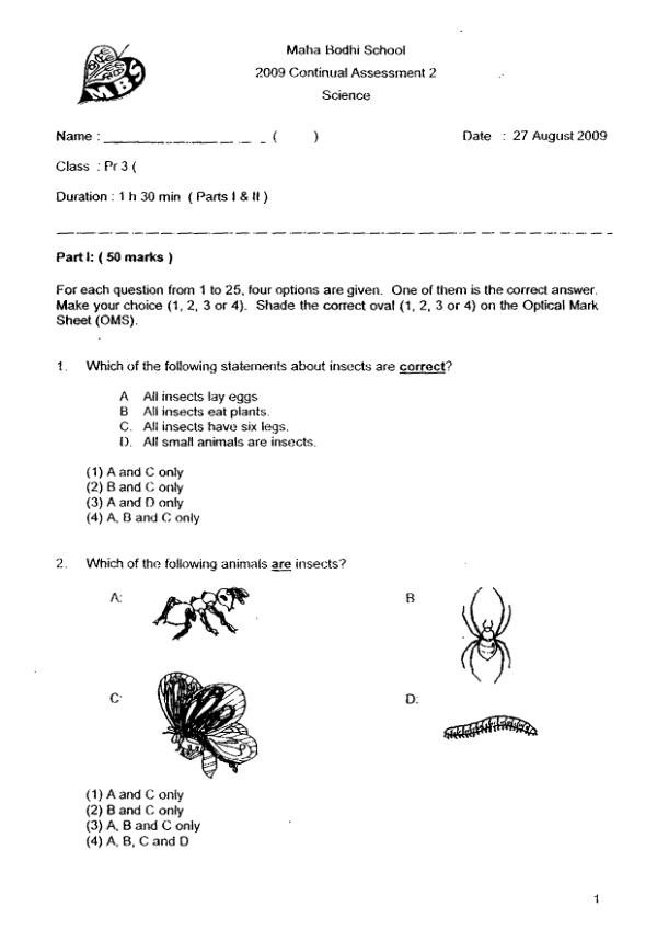 Maha Bodhi P3 Sci WA3 2009 exam paper PDF first page preview