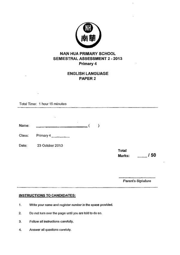Nan Hua P4 Eng SA2 2013 exam paper PDF preview