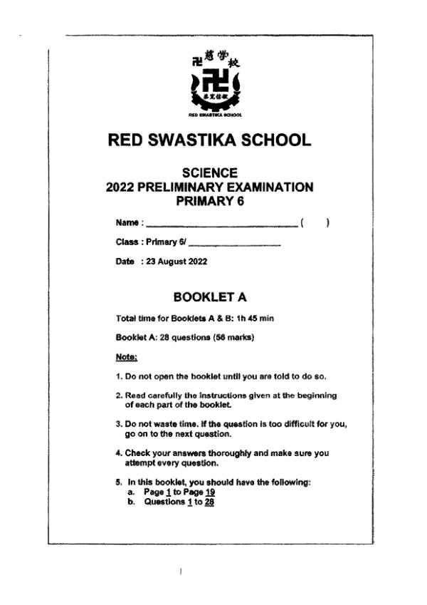 Red Swastika P6 Sci SA2 2022 exam paper PDF preview