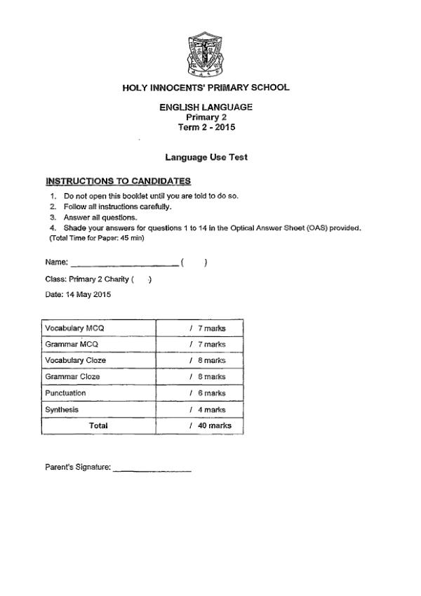 Holy Innocents P2 Eng WA2 2015 exam paper PDF first page preview