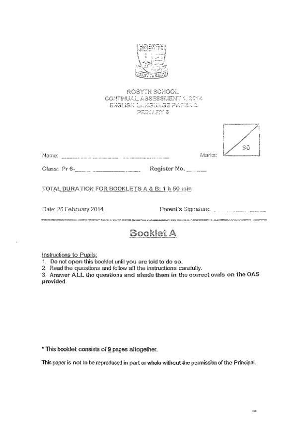 Rosyth P6 Eng WA1 2014 exam paper PDF preview