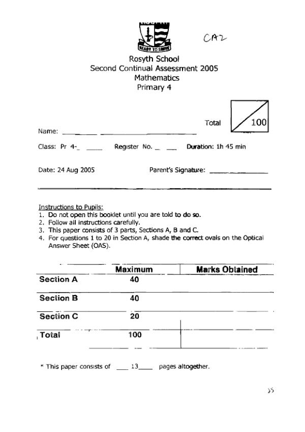 First page preview of P4 Math 2005 WA3 — Rosyth