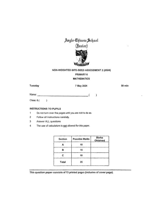 First page preview of P6 Math 2024 WA2 — Anglo Chinese