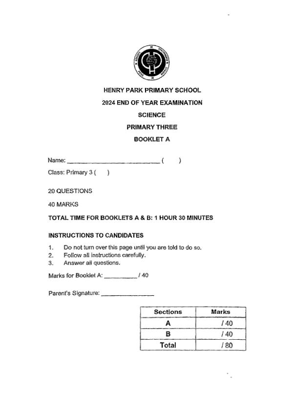 First page preview of P3 Sci 2024 SA2 — Henry Park