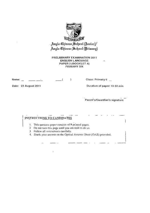 Anglo Chinese P6 Eng SA2 2011 exam paper PDF preview