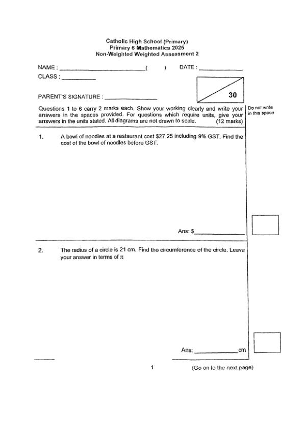 First page preview of P6 Math 2025 WA2 — Catholic High