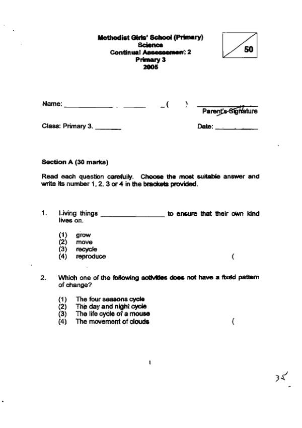Methodist Girls P3 Sci WA3 2005 exam paper PDF preview