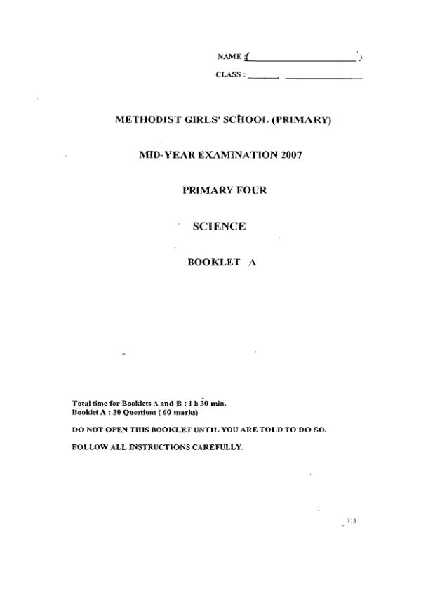 Methodist Girls P4 Sci WA2 2007 exam paper PDF preview