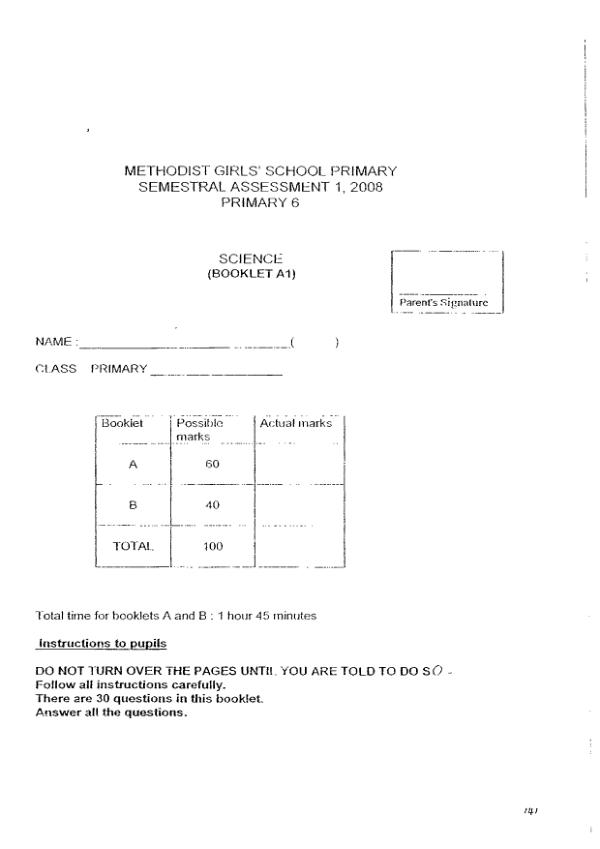 Methodist Girls P6 Sci WA2 2008 exam paper PDF preview