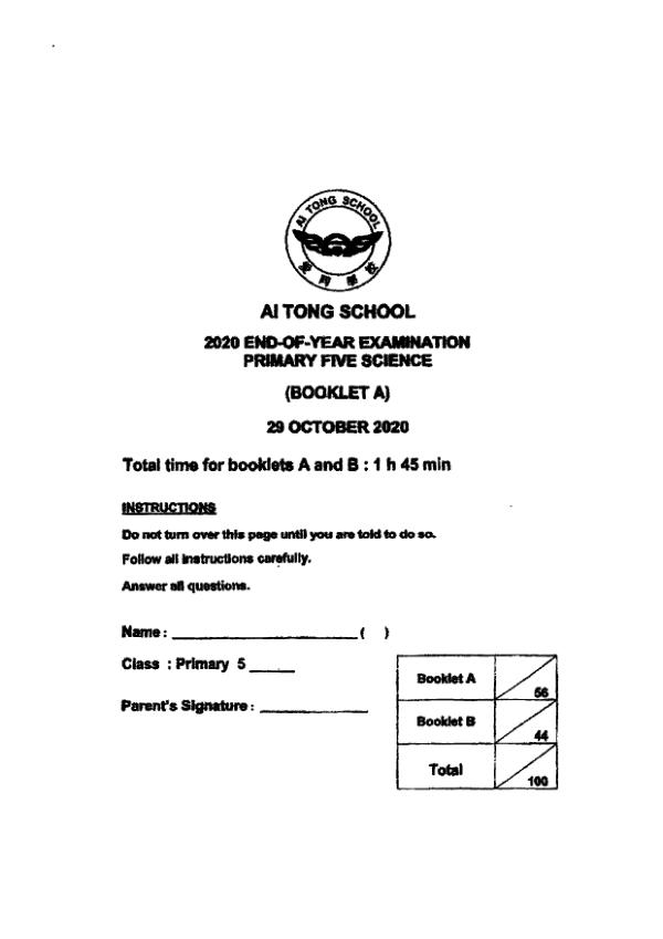 Ai Tong P5 Sci SA2 2020 exam paper PDF preview