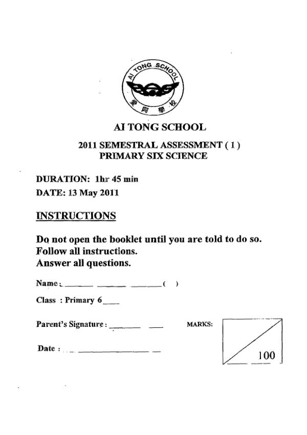 Ai Tong P6 Sci WA2 2011 exam paper PDF preview