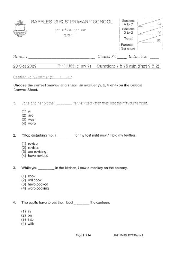 Raffles Girls P4 Eng SA2 2021 exam paper PDF first page preview