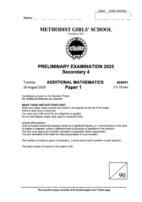 Methodist Girls Sec4 A_Maths Prelim 2025 exam paper PDF preview
