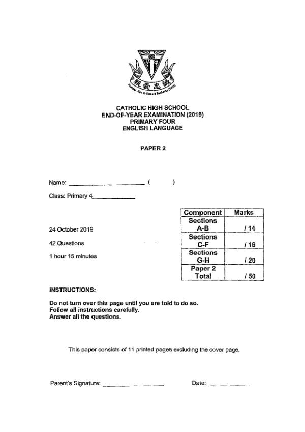 Catholic High P4 Eng SA2 2019 exam paper PDF first page preview