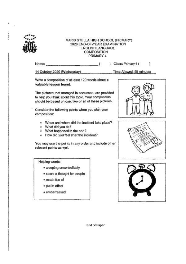 Maris Stella High P4 Eng SA2 2020 exam paper PDF preview