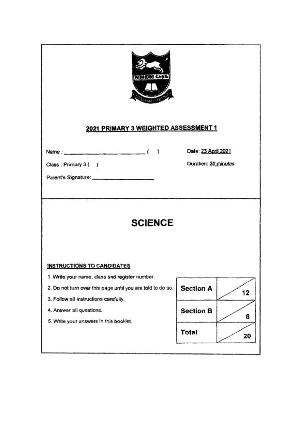 Tao Nan P3 Sci WA1 2021 exam paper PDF first page preview
