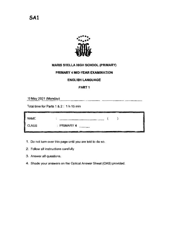 Maris Stella High P4 Eng WA2 2021 exam paper PDF first page preview