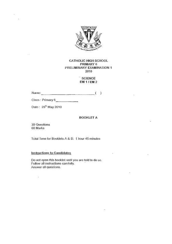 Catholic High P6 Sci SA2 2010 exam paper PDF preview