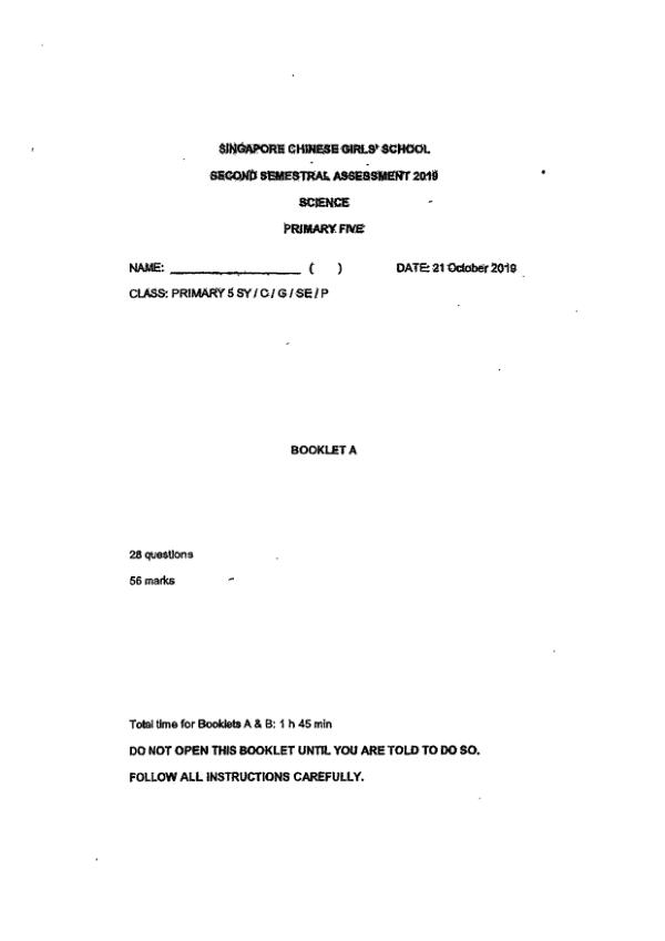 Singapore Chinese Girls P5 Sci SA2 2020 exam paper PDF preview