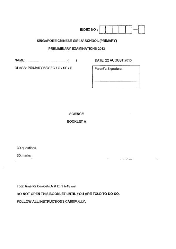 Singapore Chinese Girls P6 Sci SA2 2013 exam paper PDF first page preview
