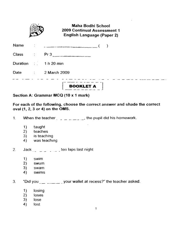 Maha Bodhi P3 Eng WA1 2009 exam paper PDF preview