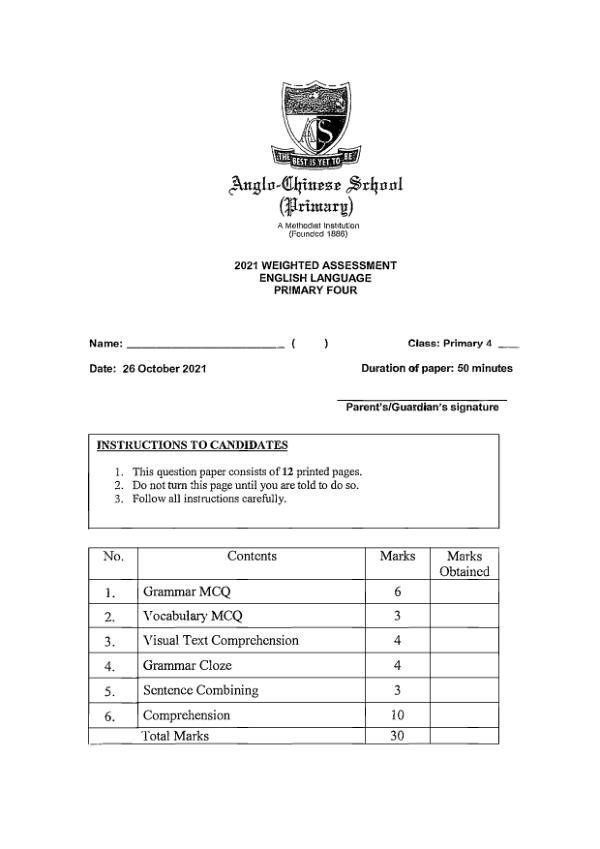 Anglo Chinese P4 Eng WA3 2021 exam paper PDF first page preview