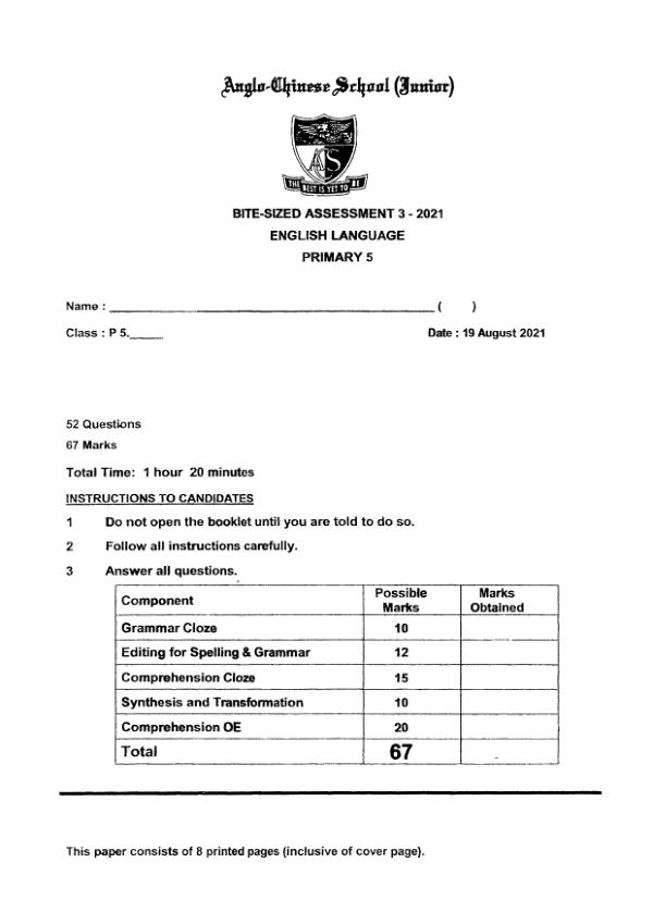 Anglo Chinese P5 Eng WA3 2021 exam paper PDF preview