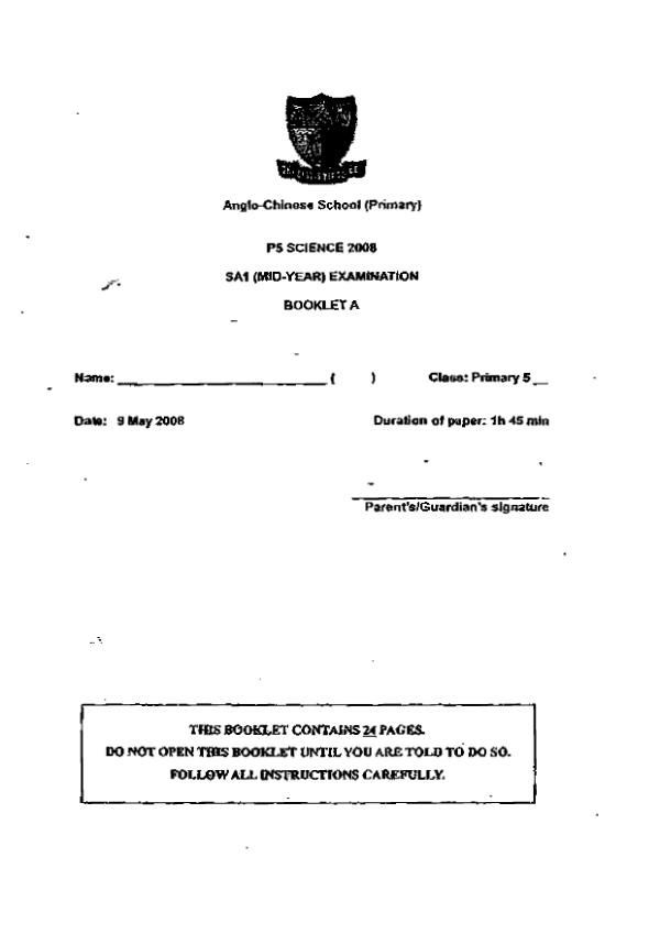 Anglo Chinese P5 Sci WA2 2008 exam paper PDF preview