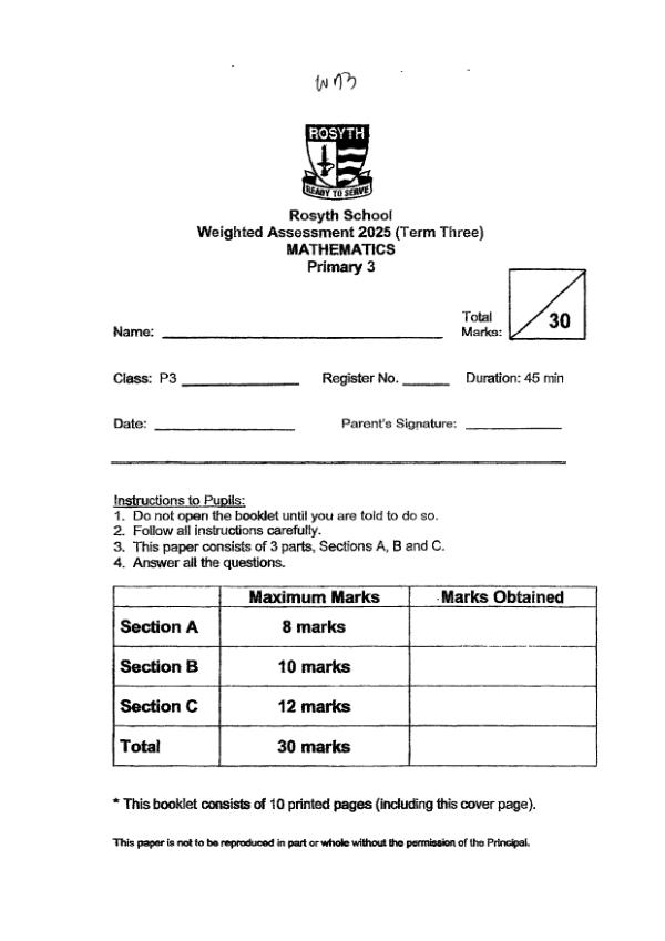 First page preview of P3 Math 2025 WA3 — Rosyth