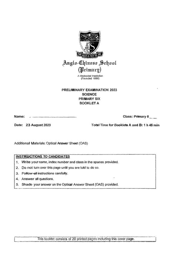 First page preview of P6 Sci 2023 SA2 — Anglo Chinese