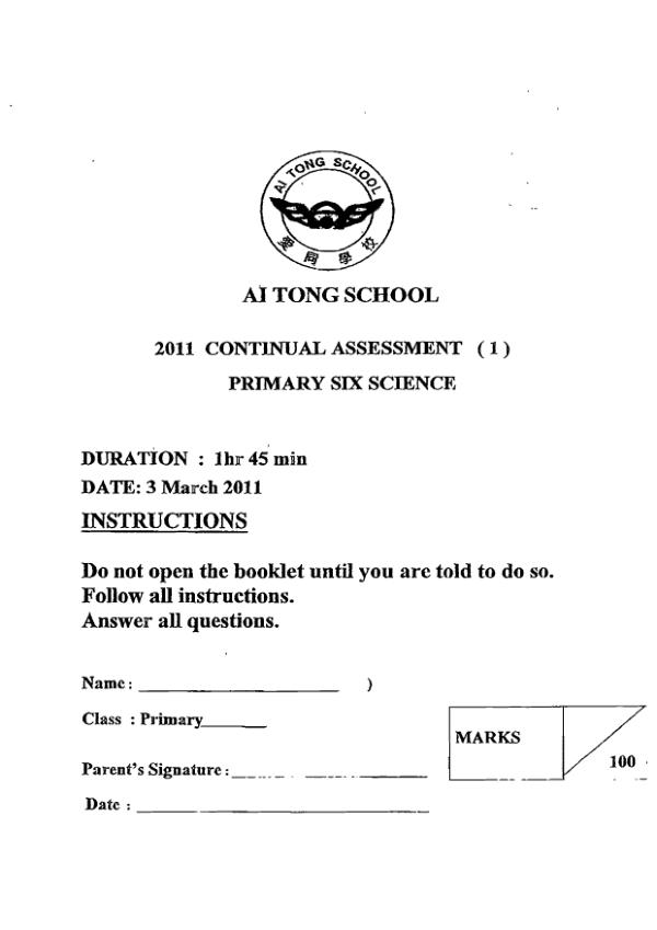 Ai Tong P6 Sci WA1 2011 exam paper PDF preview