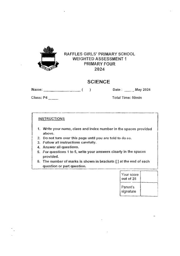 First page preview of P4 Sci 2024 WA1 — Raffles Girls