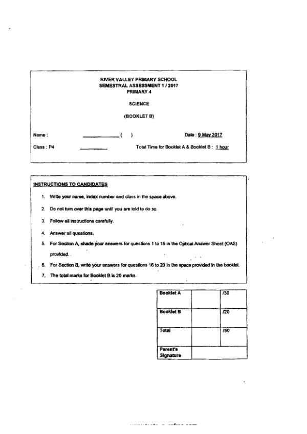 River Valley P4 Sci WA2 2017 exam paper PDF first page preview