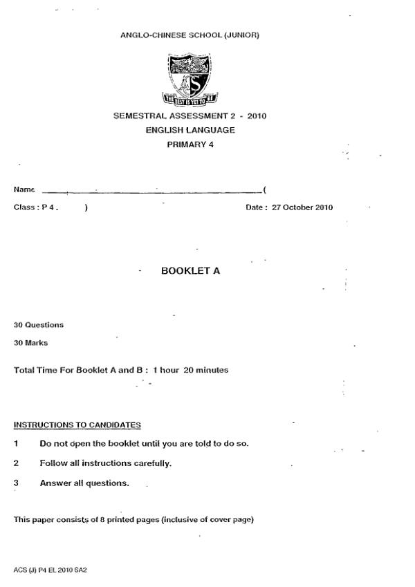 Anglo Chinese P4 Eng SA2 2010 exam paper PDF first page preview