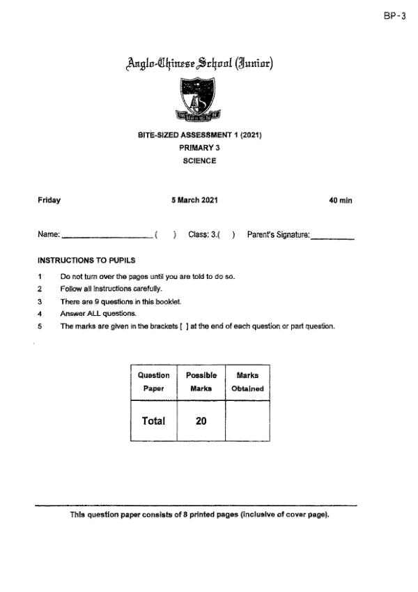 Anglo Chinese P3 Sci WA1 2021 exam paper PDF first page preview