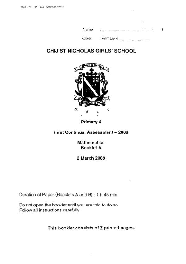 CHIJ P4 Math WA1 2009 exam paper PDF preview