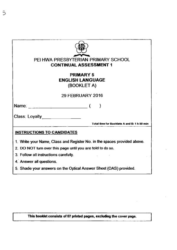Pei Hwa P5 Eng WA1 2016 exam paper PDF preview