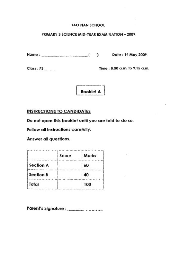 Tao Nan P3 Sci WA2 2009 exam paper PDF first page preview