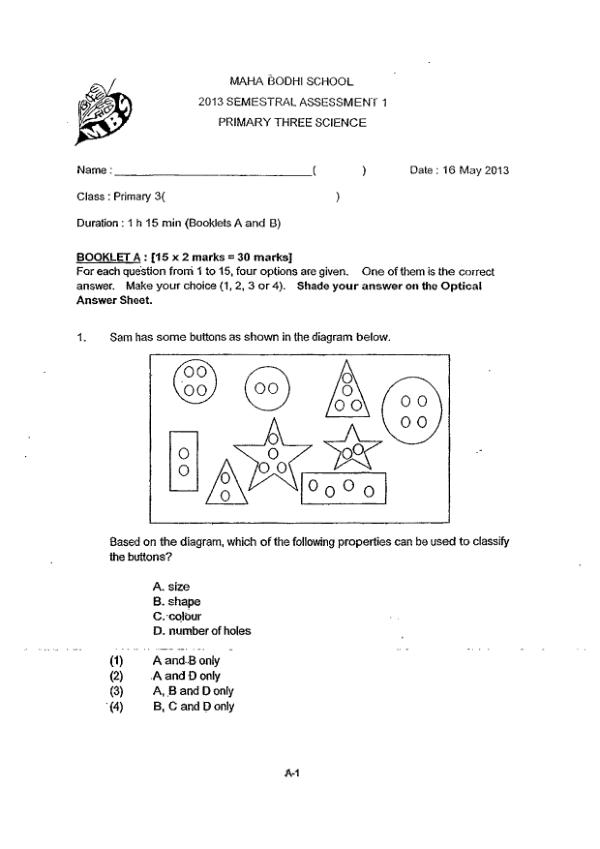 Maha Bodhi P3 Sci WA2 2013 exam paper PDF preview