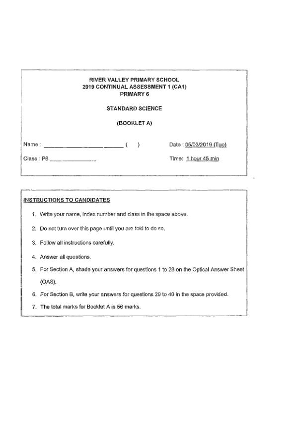 River Valley P6 Sci WA1 2019 exam paper PDF first page preview