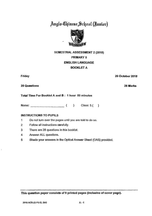 Anglo Chinese P5 Eng SA2 2018 exam paper PDF preview