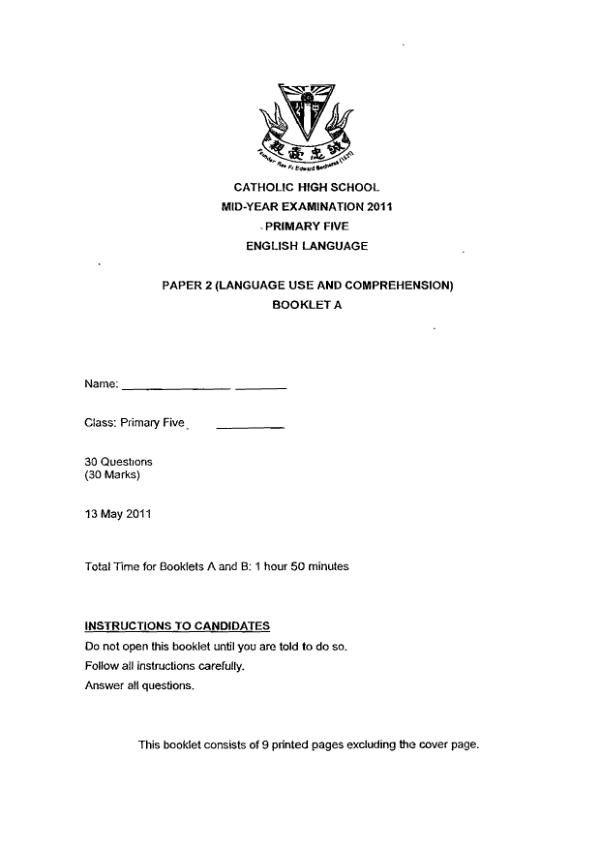 Catholic High P5 Eng WA2 2011 exam paper PDF preview