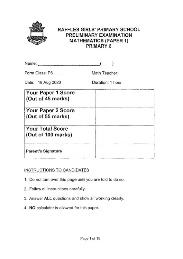 First page preview of P6 Math 2020 SA2 — Raffles Girls