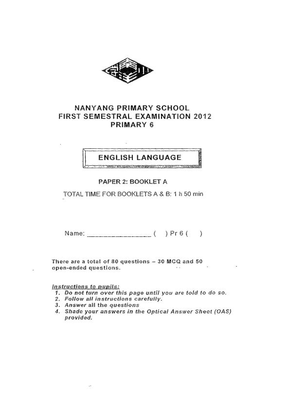 Nanyang P6 Eng WA2 2012 exam paper PDF first page preview