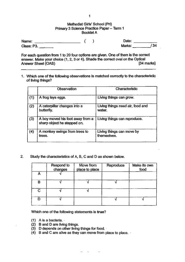 Methodist Girls P3 Sci WA1 2019 exam paper PDF first page preview