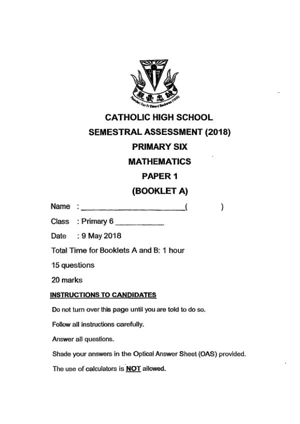 First page preview of P6 Math 2018 WA2 — Catholic High