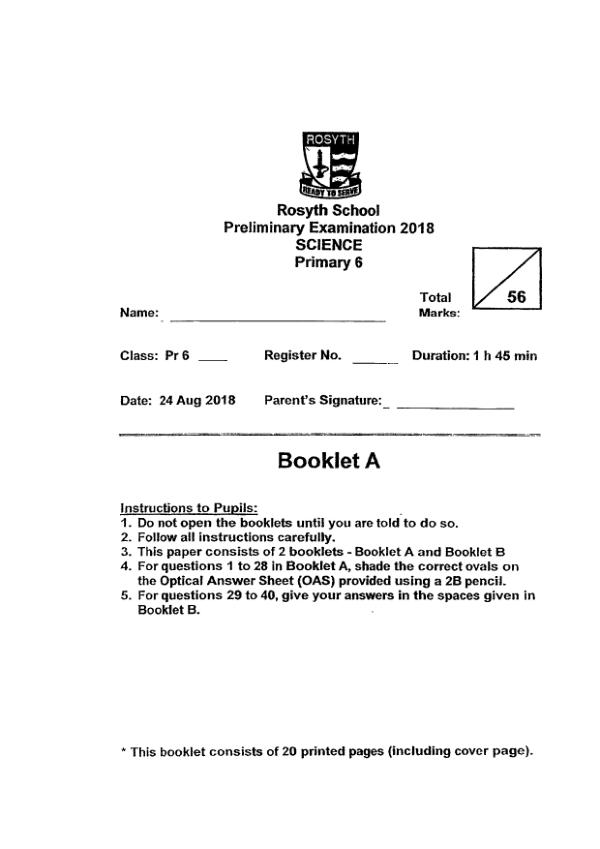 Rosyth P6 Sci SA2 2018 exam paper PDF first page preview