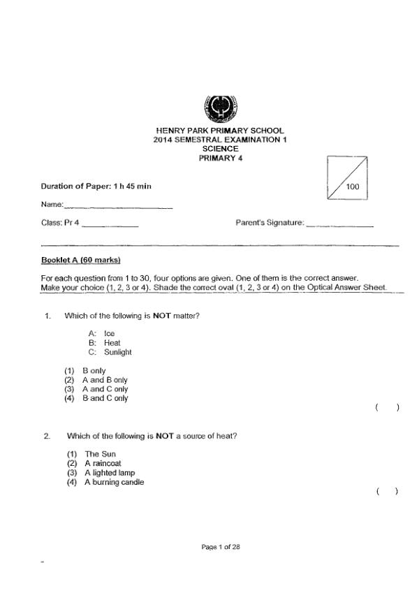 Henry Park P4 Sci WA2 2014 exam paper PDF first page preview