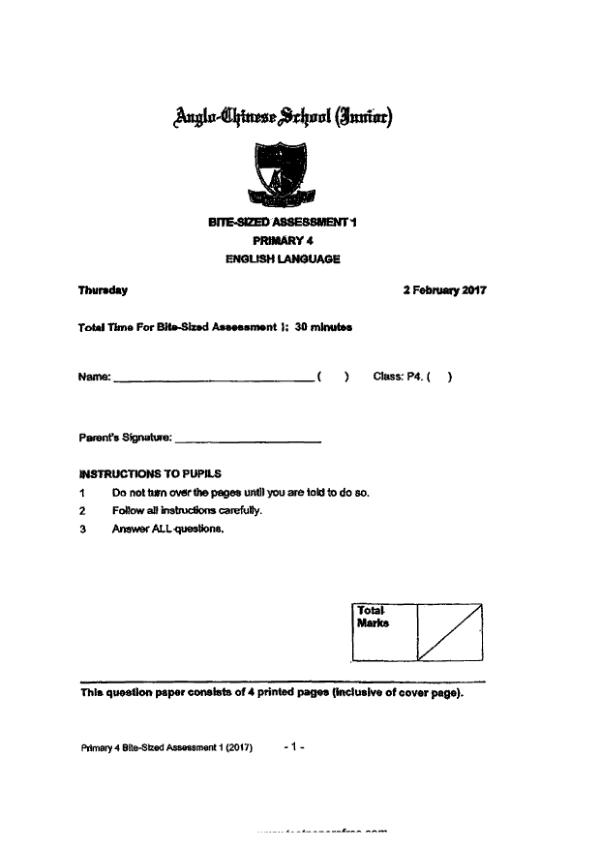 Anglo Chinese P4 Eng WA1 2017 exam paper PDF preview